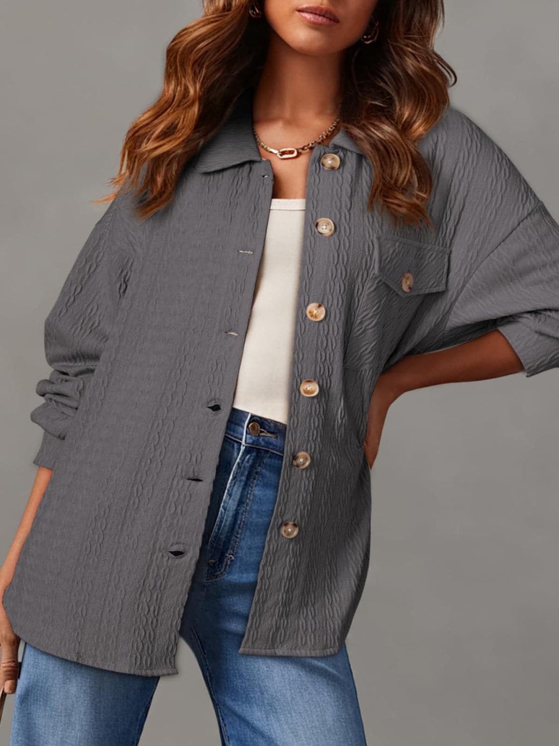 Stylish textured long sleeve button-up shacket