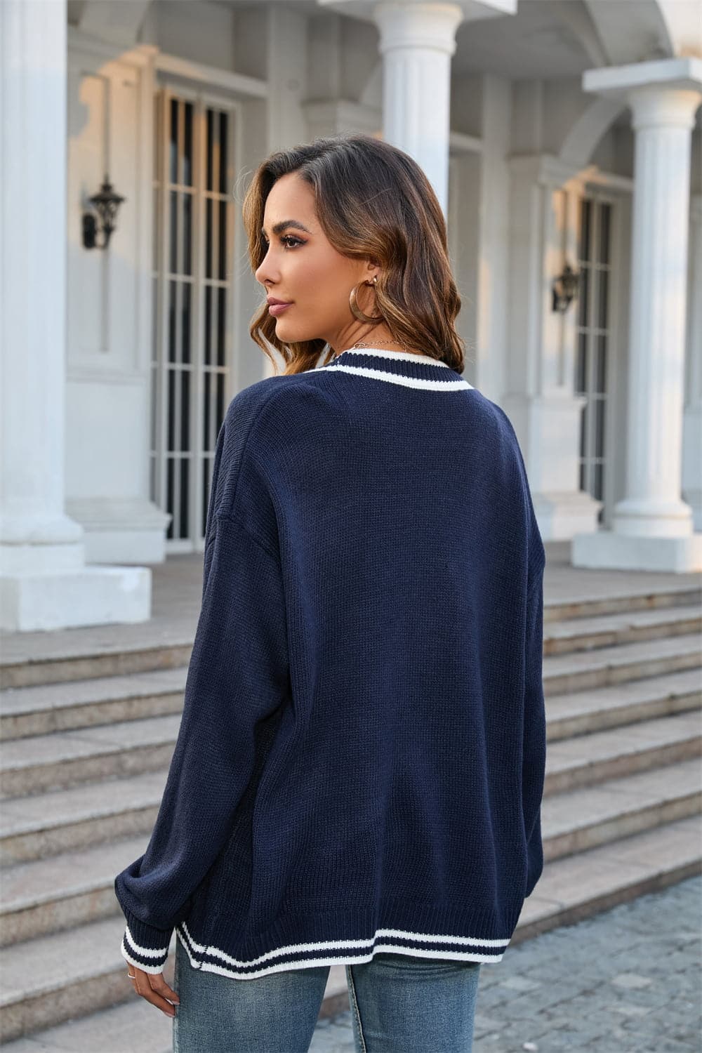 Buttoned V-Neck Long Sleeve Cardigan.