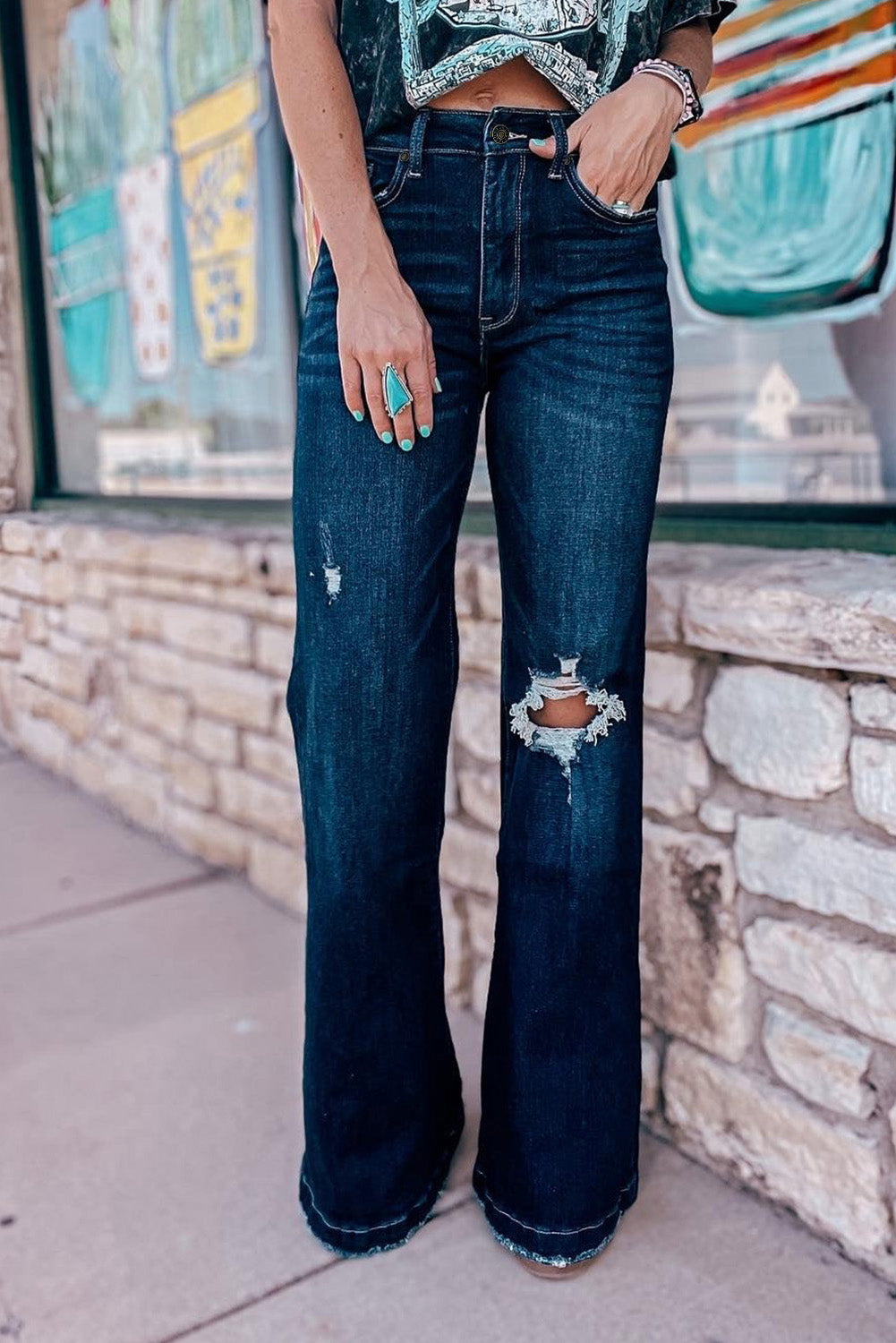 Chic real teal high-waisted ripped flare jeans