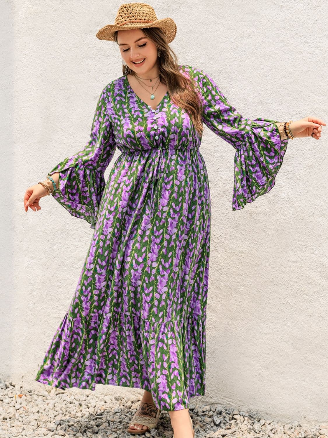 Plus Size Printed V-Neck Long Sleeve Maxi Dress.