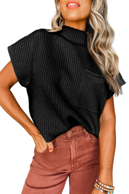 Cozy chic black ribbed knit sweater with patch pocket