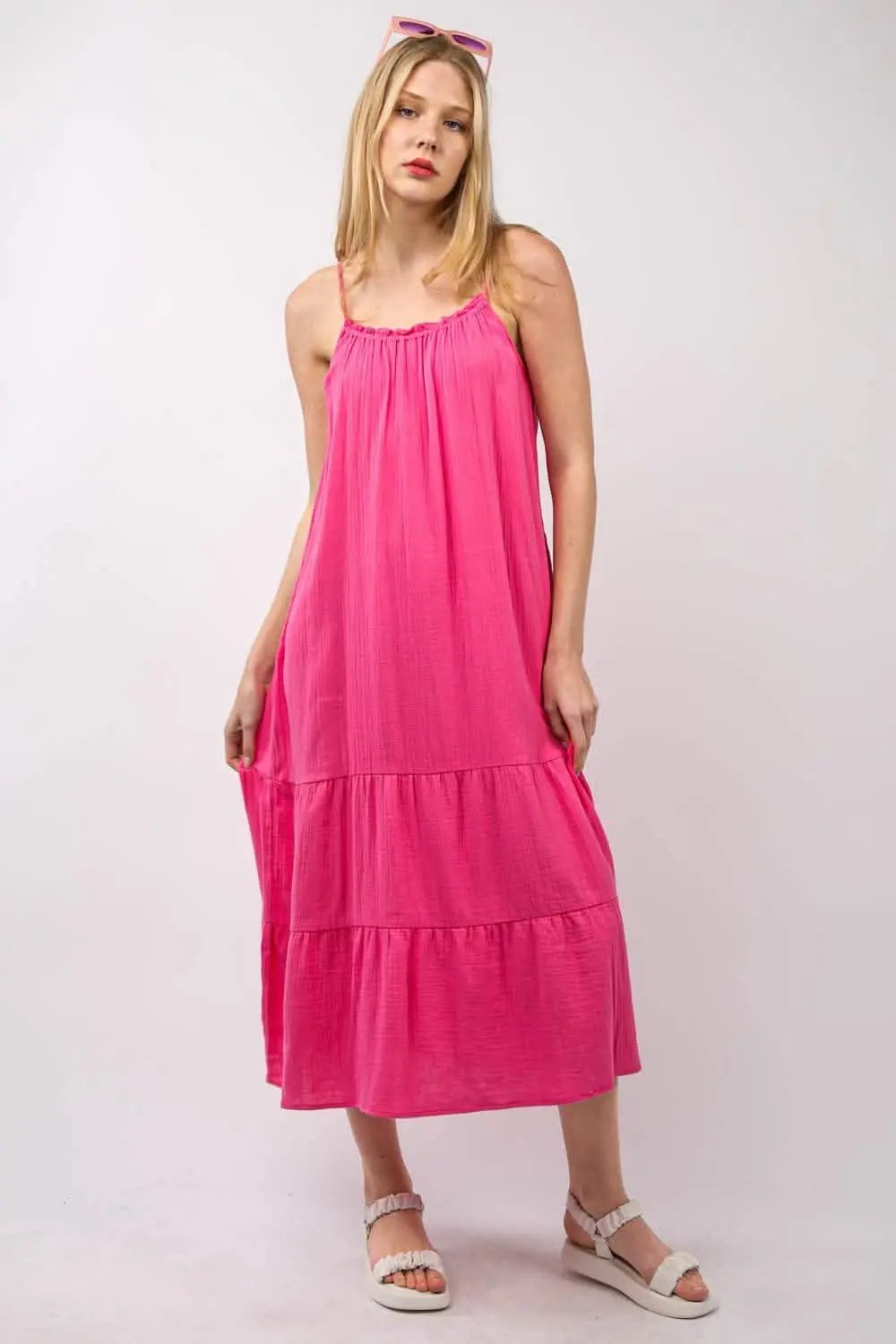 Very J Ruffled A-Line Midi Cami Dress for Summer Elegance - Love Salve 