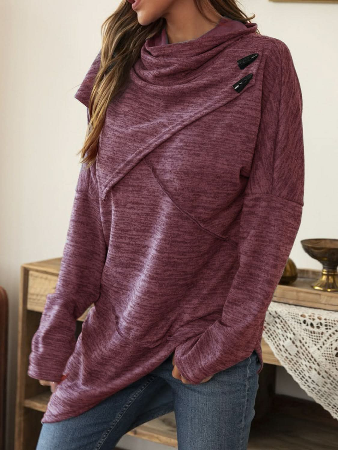 Asymmetrical hem cowl neck tee