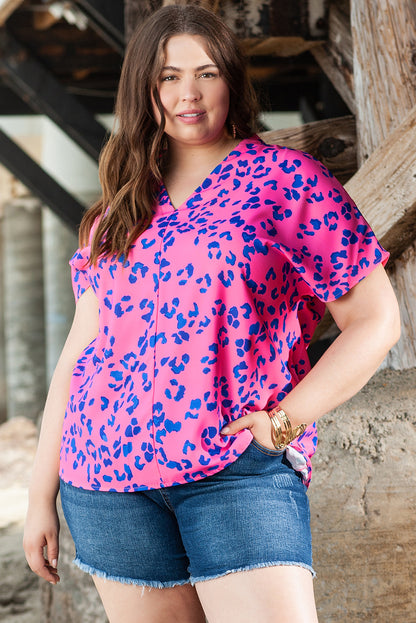 Chic rose and leopard print plus size V-neck blouse