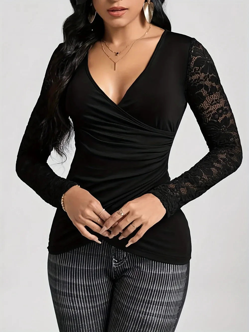 Lace Ruched Surplice Long Sleeve Top Coco’s Tee Boutique