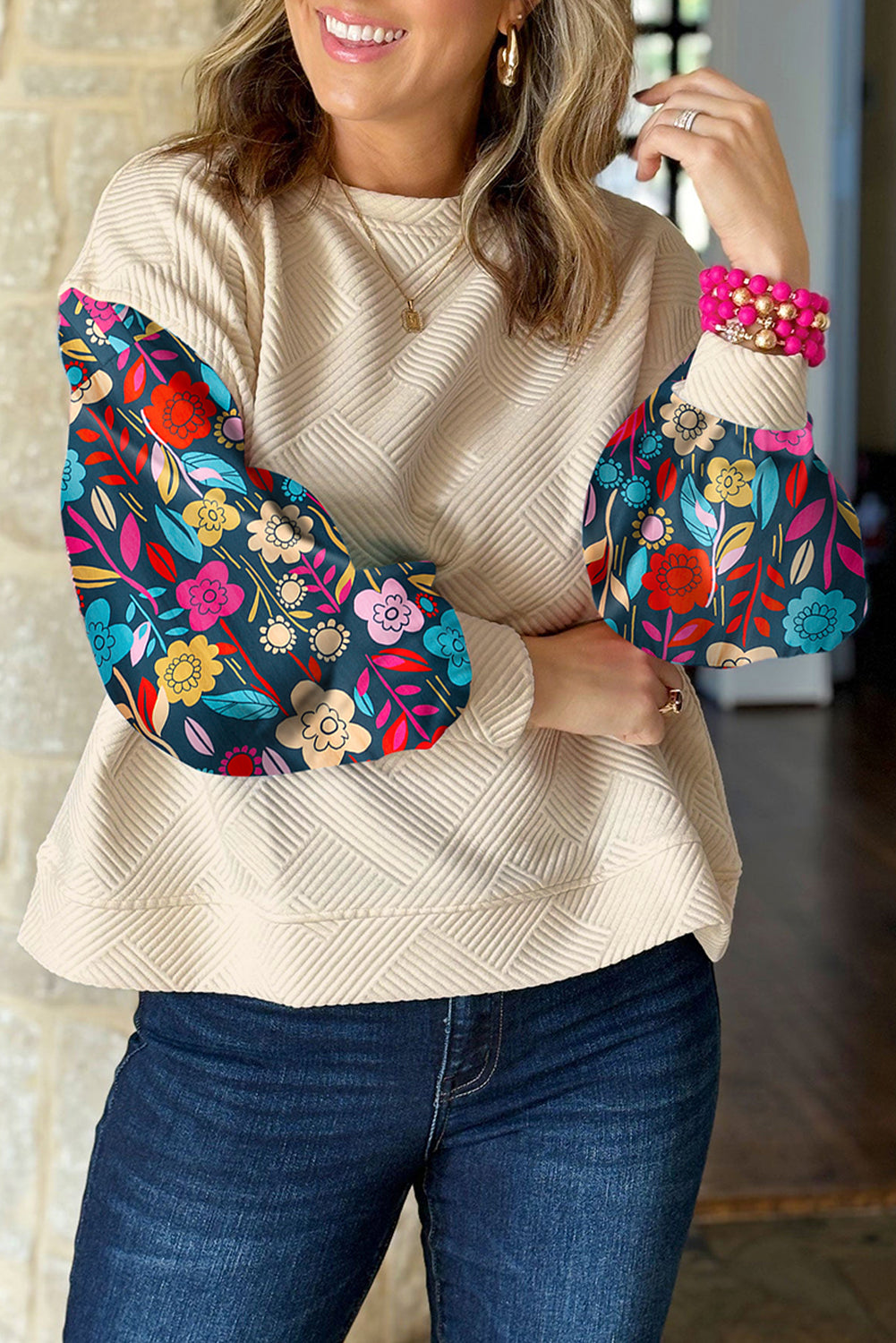 White floral sleeve knit top