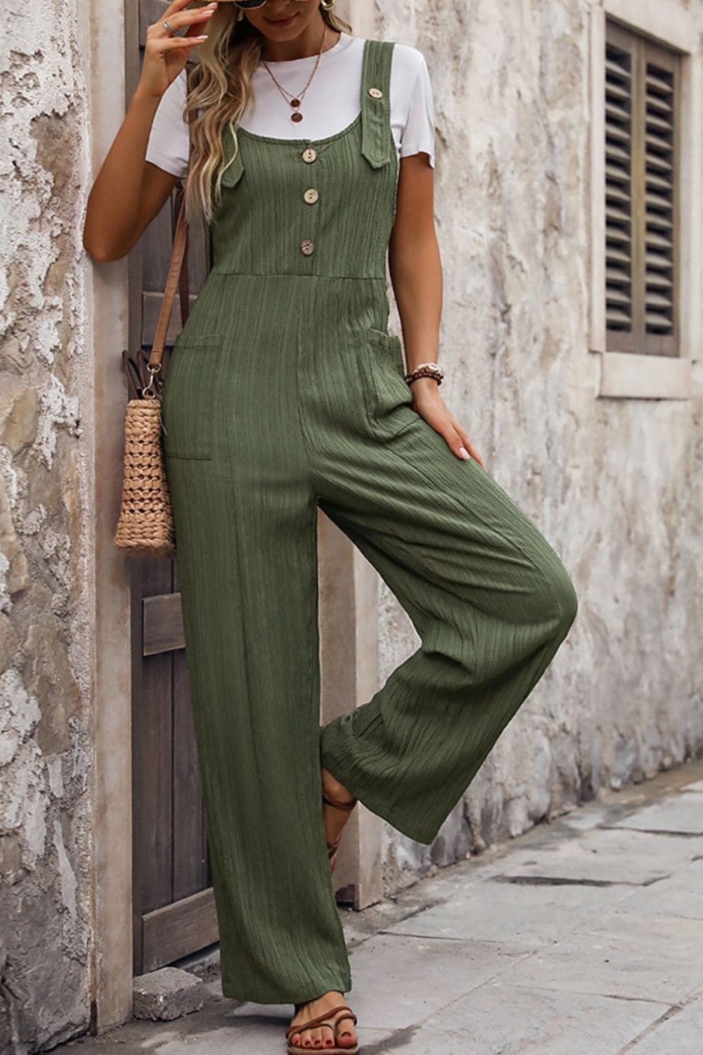 Textured Pocketed Wide Strap Overalls.