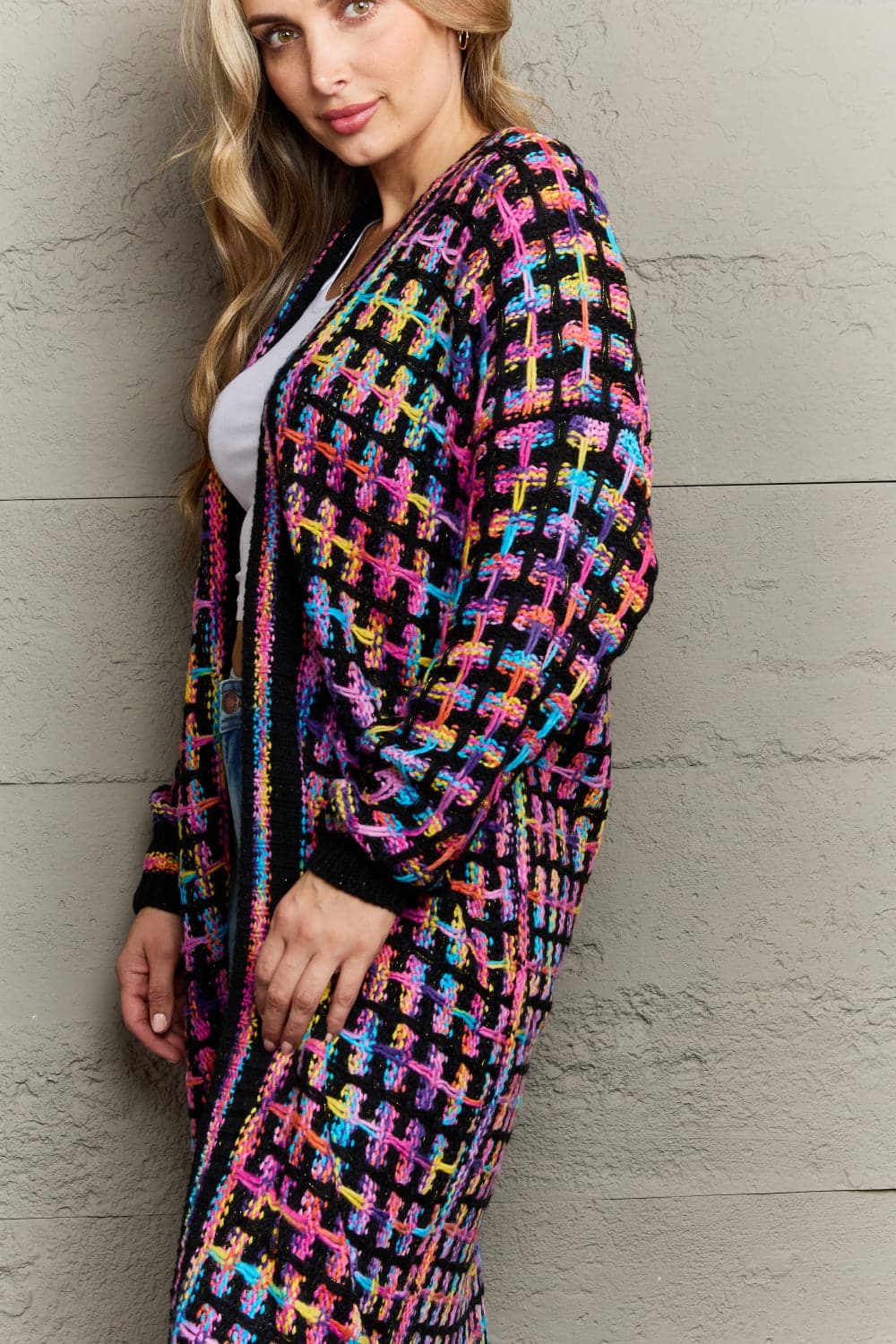 Multicolored Open Front Fringe Hem Cardigan.