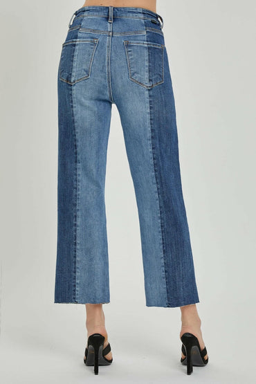 RISEN Full Size Mid-Rise Waist Two-Tones Jeans with Pockets.