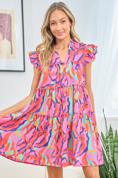 First Love Full Size Printed Ruffle Cap Sleeve Tiered Dress.