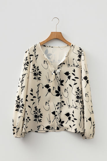 Premium Khaki Botanical Floral Print Split Neck Long Sleeve Blouse