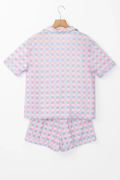 Checked Collar Neck Short Sleeve Top and Shorts Lounge Set