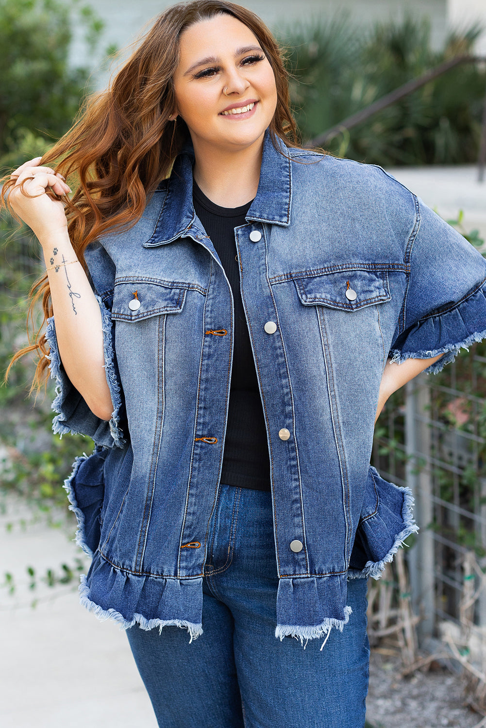Peacock Blue Ruffled Denim Jacket Plus Size Short Sleeve Dear-Lover Dropshipping
