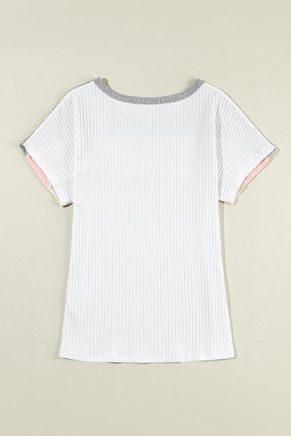 White Ribbed Color Block Patchwork T-shirt