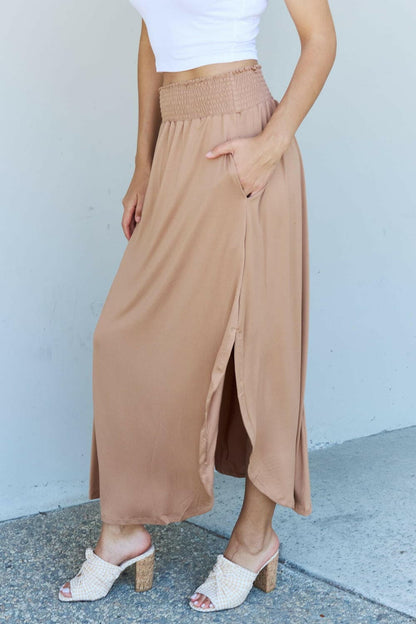 Doublju Comfort Princess Full Size High Waist Scoop Hem Maxi Skirt in Tan.