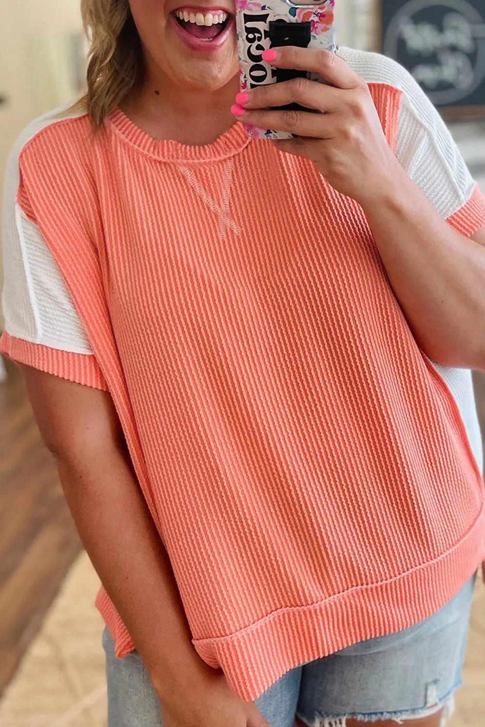 Carrot Twist Colorblock Hi Low Plus Size Short Sleeve Top Dear-Lover Dropshipping