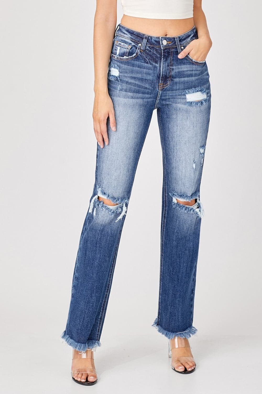 Risen Full Size Raw Hem Distressed Straight Jeans.