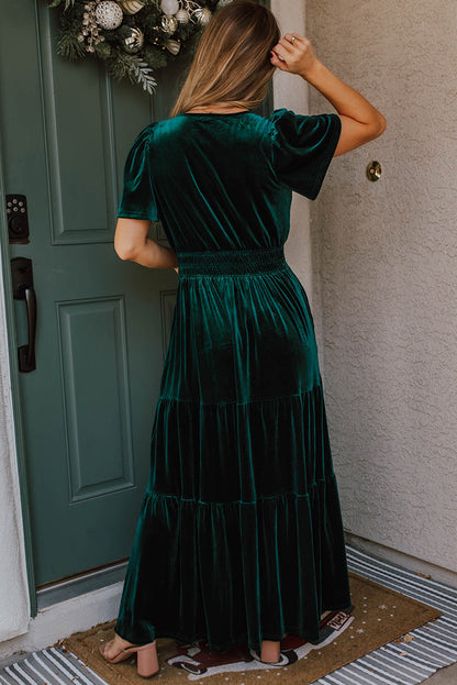 Evergreen velvet tiered maxi dress with shirred waist and short sleeves