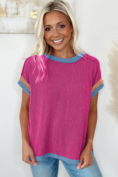 Vibrant pink textured t-shirt with stylish contrast trim