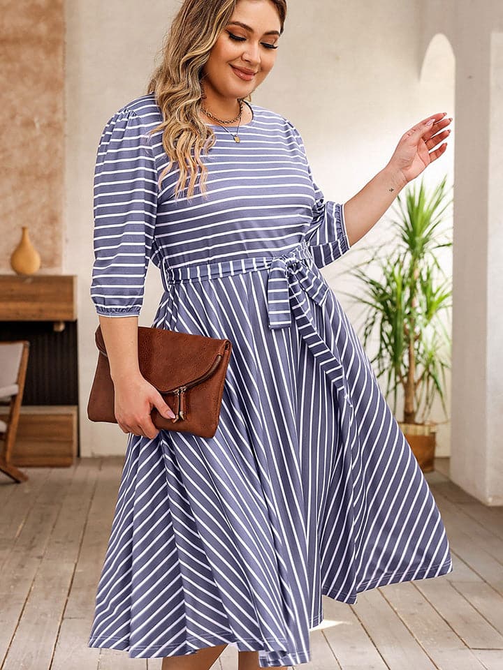 Plus Size Round Neck Striped Tie Waist Dress.