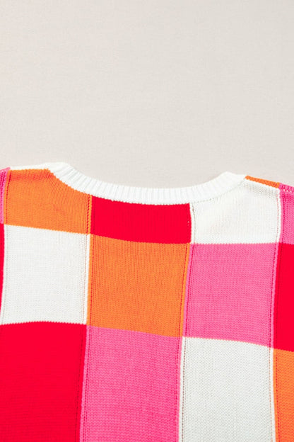 Color Block Round Neck Cap Sleeve Knit Top.