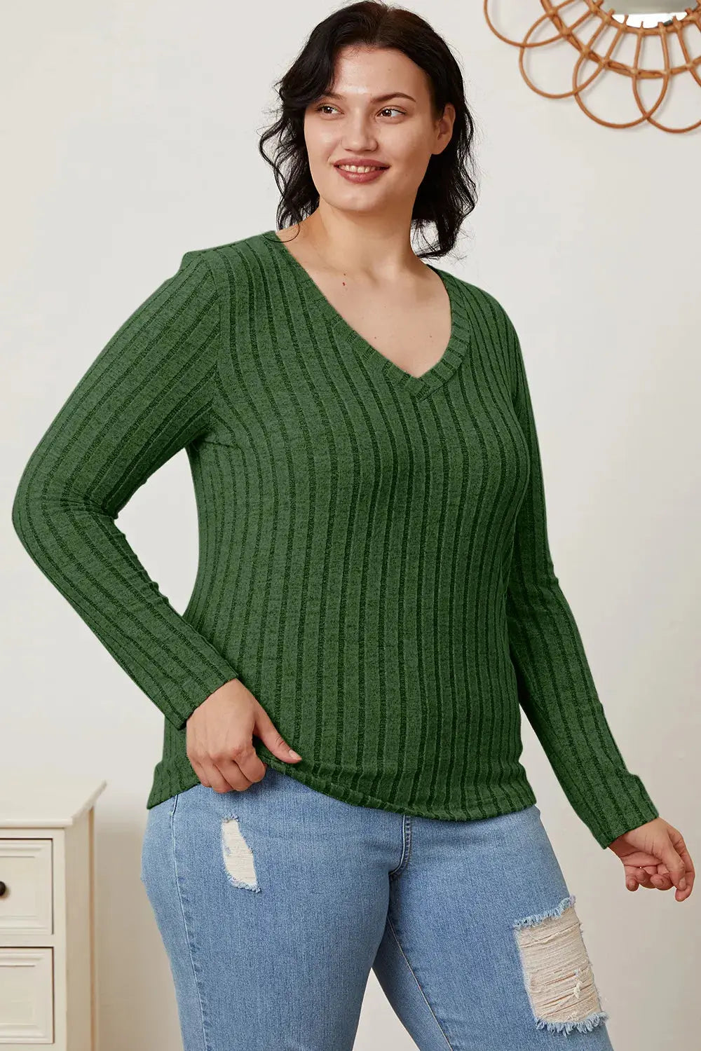 Basic Bae Full Size Ribbed V-Neck Long Sleeve T-Shirt - Love Salve