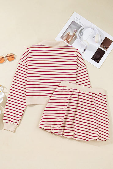 Red Stripe Cropped Collared Pullover and Bubble Mini Skirt