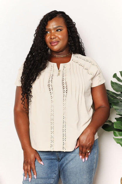 Double Take Crochet Buttoned Short Sleeves Top.