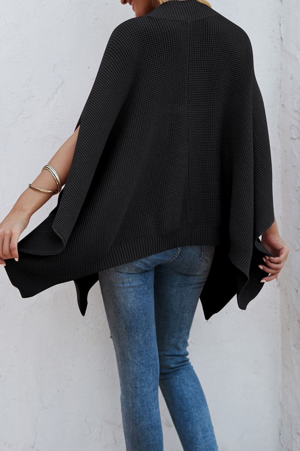 Waffle-Knit Pocketed Cape Sleeve Sweater.