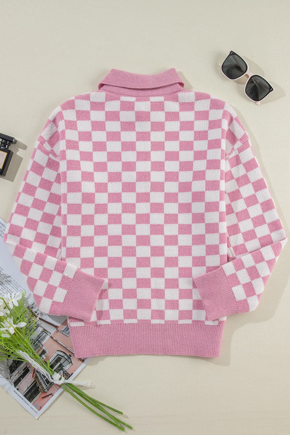 Checkered Collared Neck Dropped Shoulder Sweater.