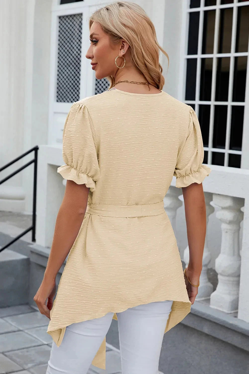 Swiss Dot Tie Waist Flounce Sleeve Blouse Coco’s Tee Boutique