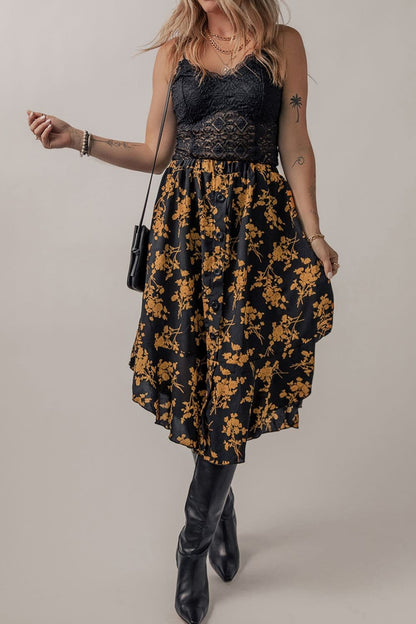 Floral Buttoned Ruffle Hem Skirt.