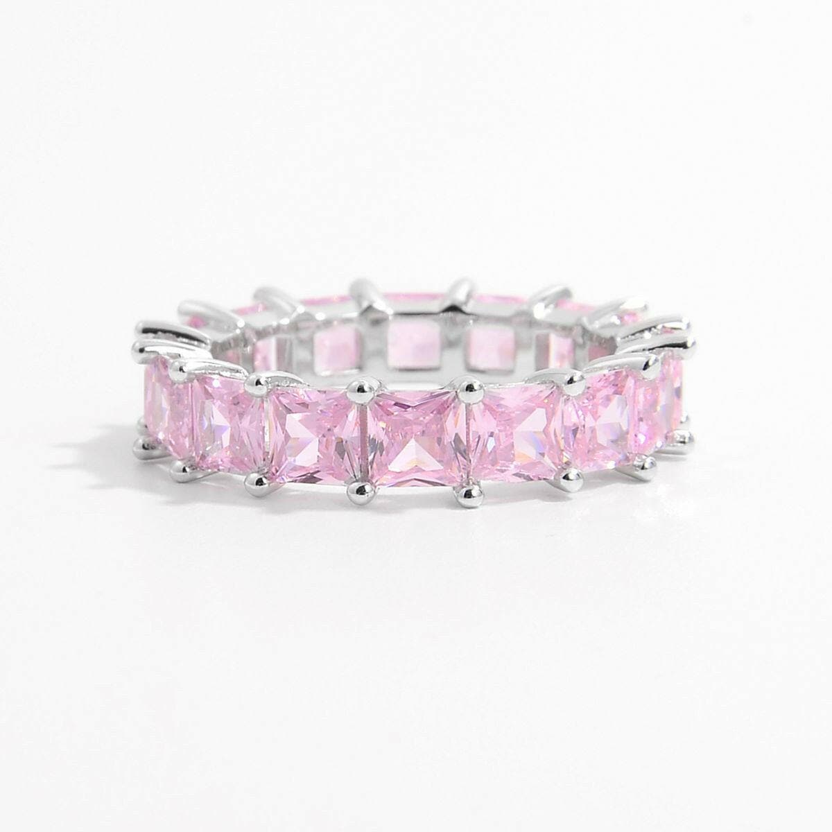 925 sterling silver zircon ring with shimmering pink stones.