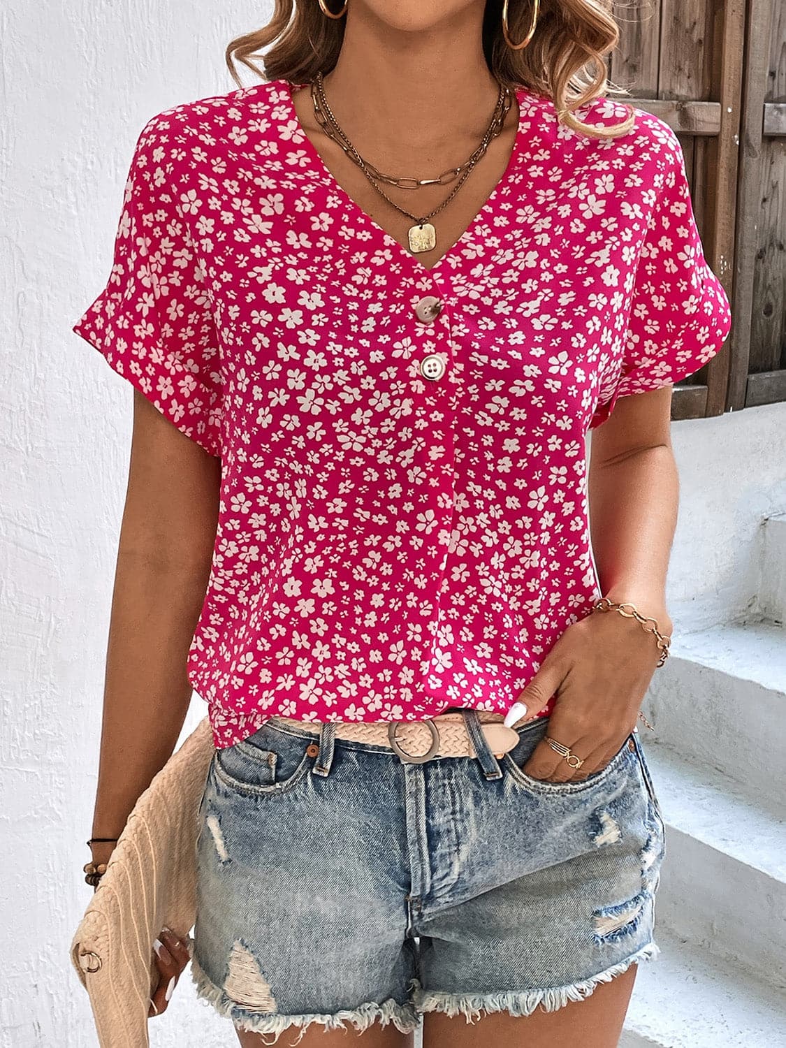 Printed V-Neck Short Sleeve Blouse.