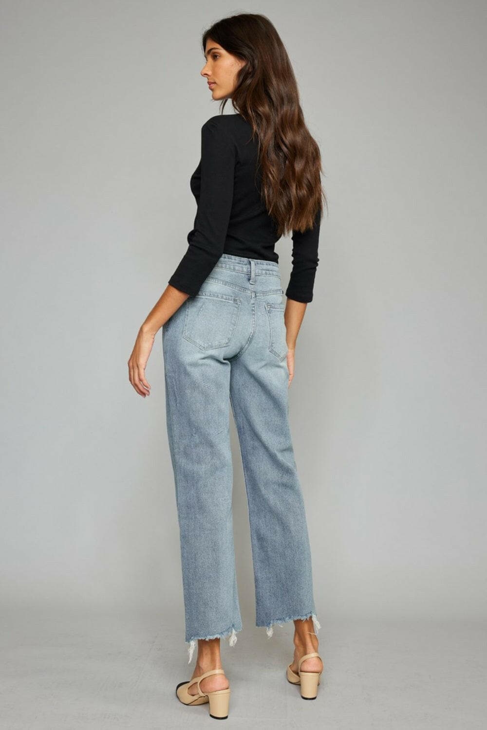 Kancan High Waist Raw Hem Cropped Wide Leg Jeans.