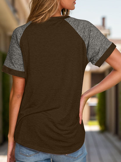 Full Size Contrast Round Neck Short Sleeve T-Shirt.