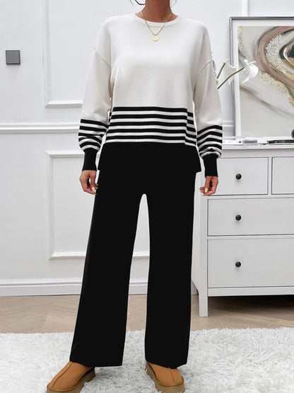 Chic striped sweater set with slit detail and round neck