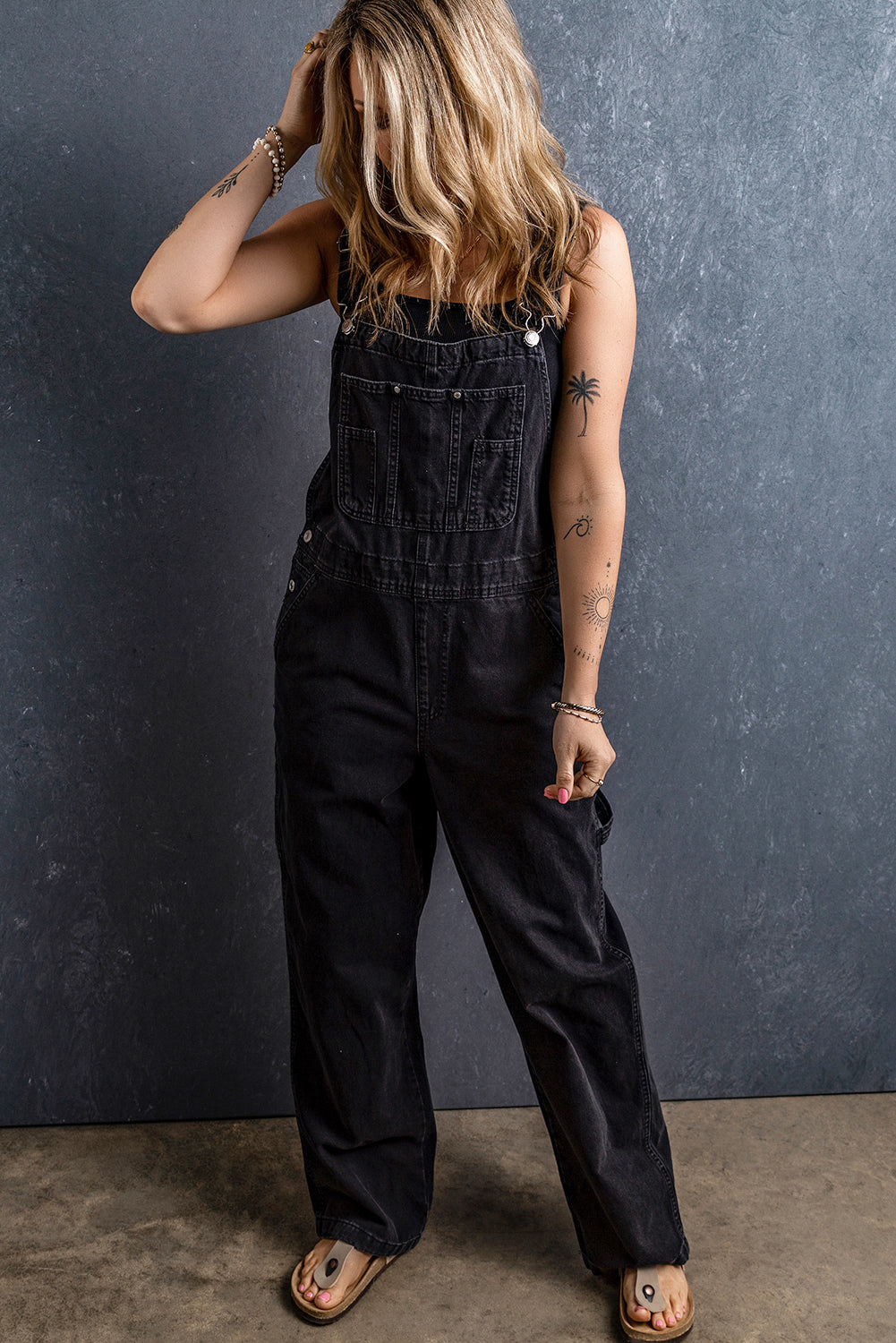 Black Adjustable Buckle Straps Multi Pocket Denim Overalls