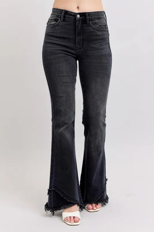 Judy Blue Full Size High Waist Flare Jeans With Mock Fray Tulip Hem Plus Size - Love Salve 