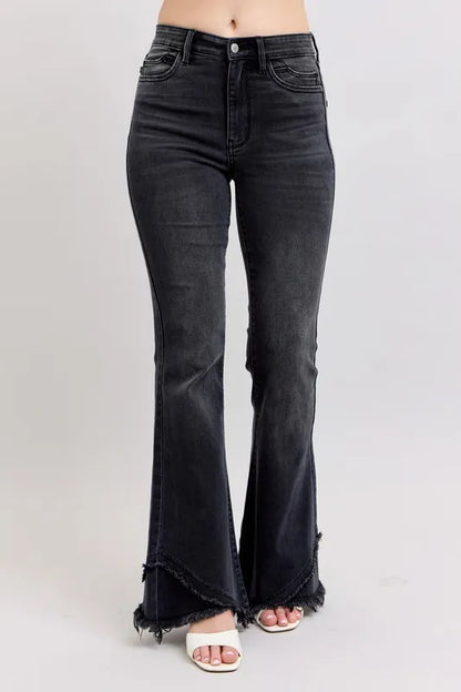 Judy Blue Full Size High Waist Flare Jeans With Mock Fray Tulip Hem Plus Size - Love Salve 