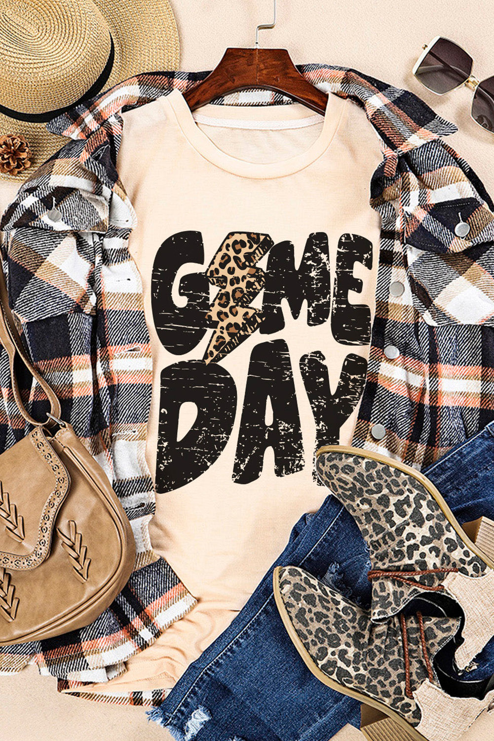 Khaki leopard print game day rugby t-shirt with lightning design