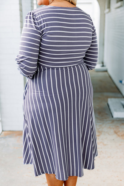 Chic gray striped plus size dress with tie waist and 3/4 sleeves