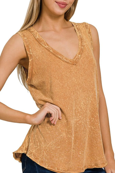 Zenana Crinkle Washed V-neck Sleeveless Top - Love Salve 