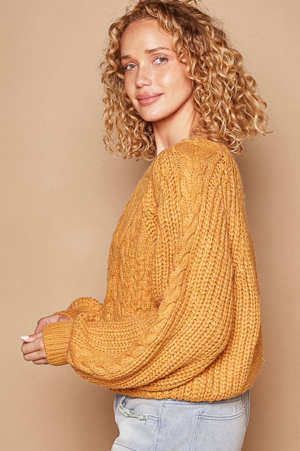 POL Cable Knit Cutout Long Sleeve Sweater.