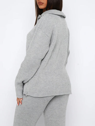 Cozy quarter zip ribbed lounge set with long sleeves and matching pants