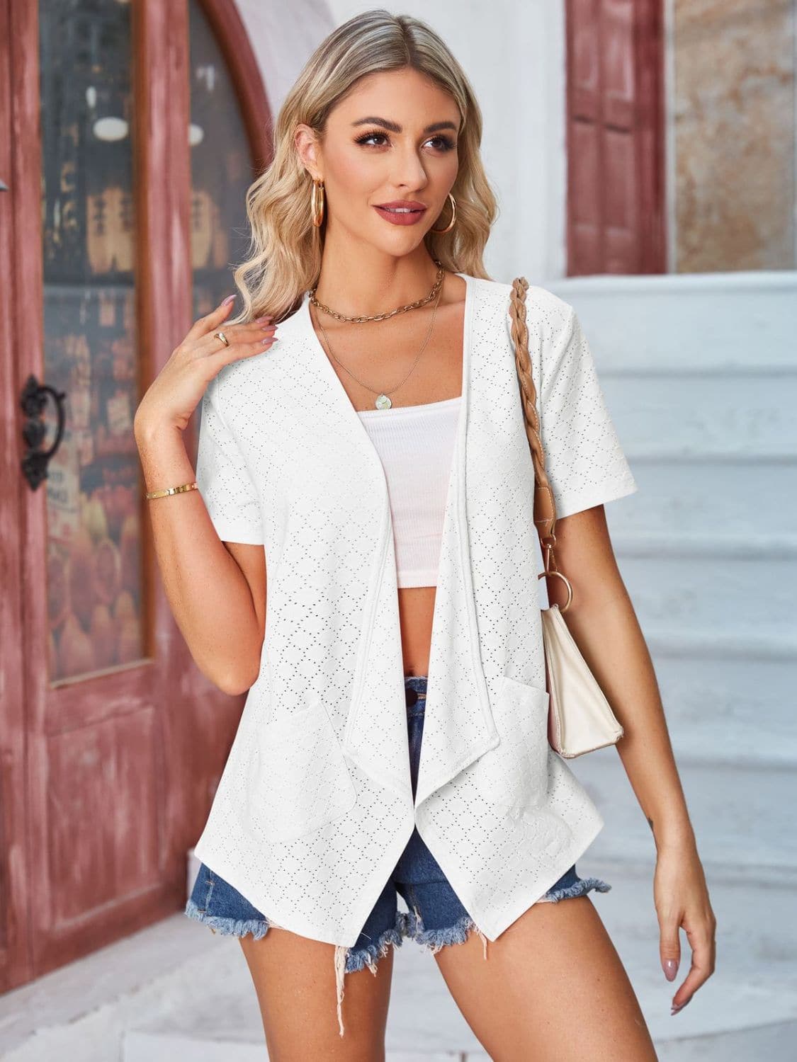 Eyelet Open Front Short Sleeve Cover Up.