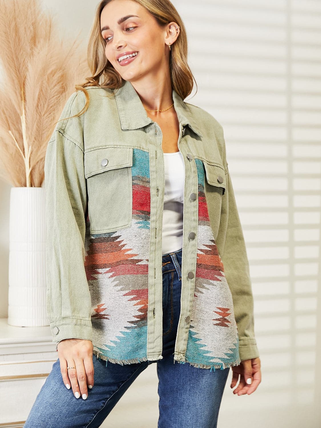 Dropped Shoulder Long Sleeve Printed Denim Jacket.