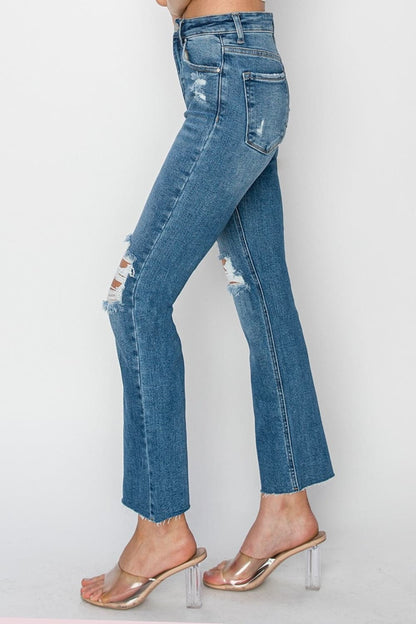 RISEN High Rise Distressed Ankle Jeans.