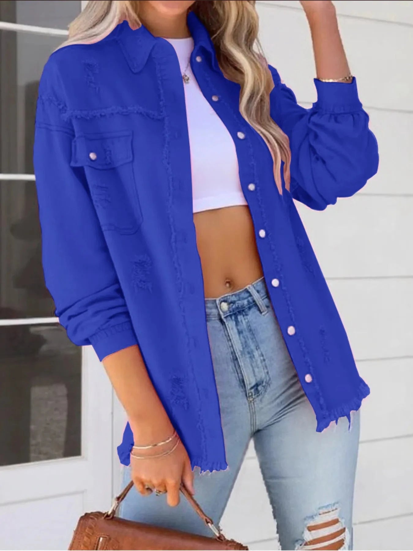 Distressed Denim Jacket with Frayed Edges Coco’s Tee Boutique