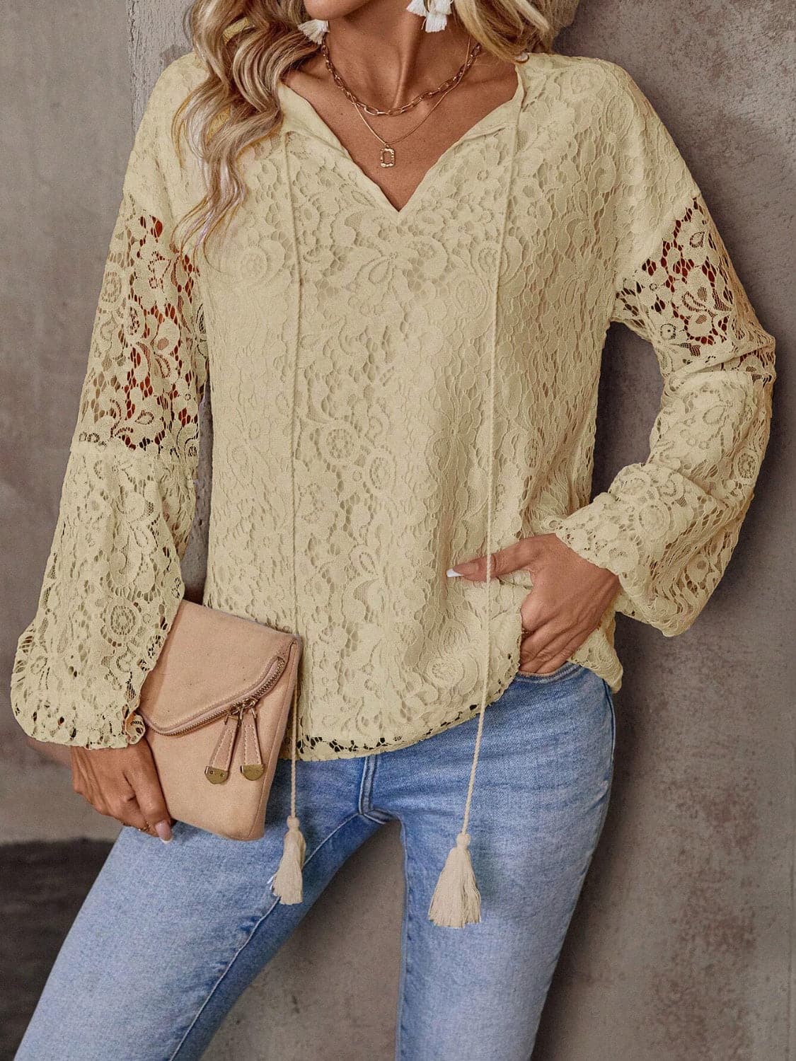 Lace Tie Neck Long Sleeve Blouse.